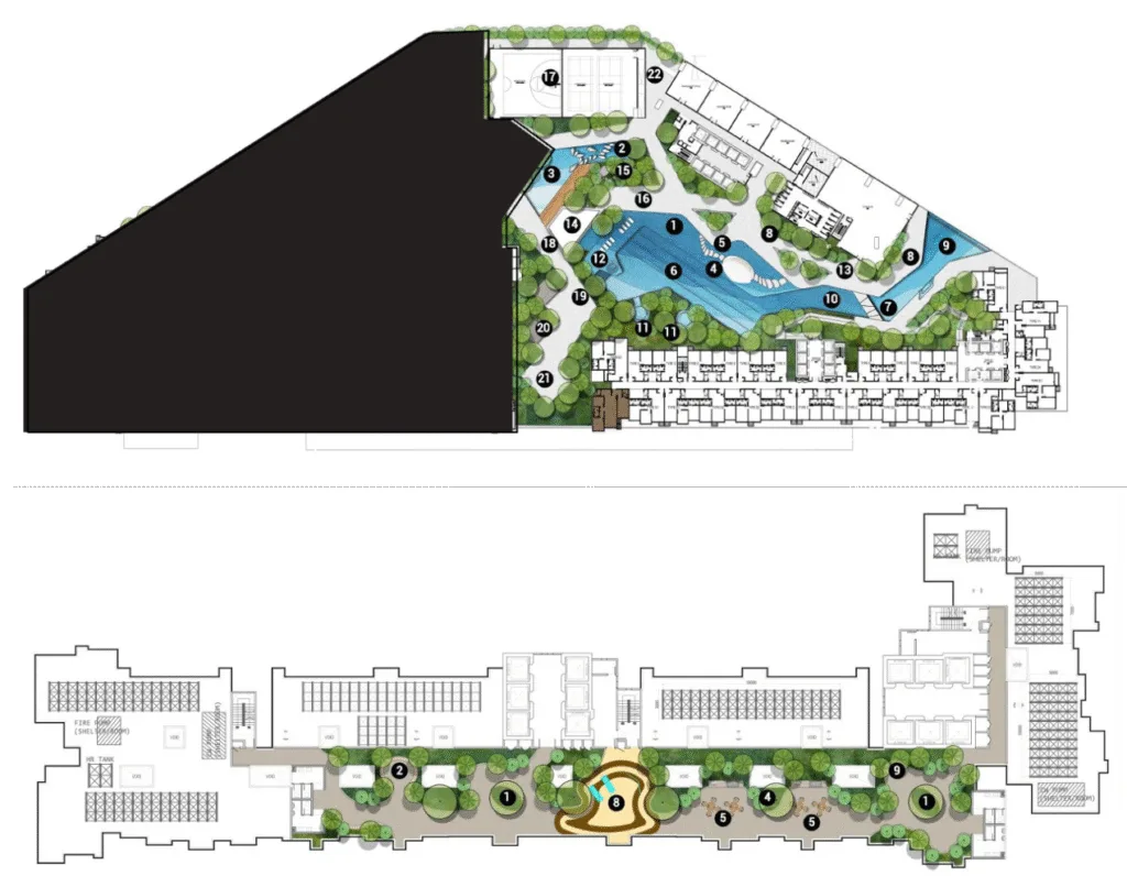 Comprehensive facility layout plan of EXSIM’s Causewayz Square @ JBCC, highlighting podium and sky-level zones such as pools, kids’ play area, gardens, and social spaces.