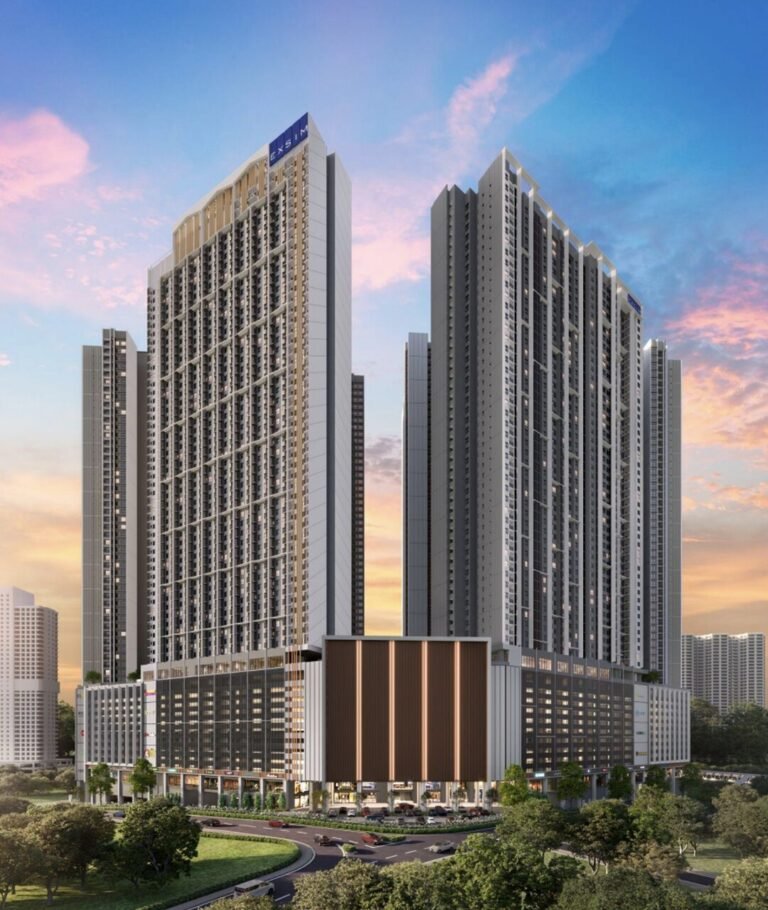 Evening view of Causewayz Square @ JBCC by EXSIM, highlighting the full facade design of the Brixton and Dover towers within the exsim ciq integrated development near Johor–Singapore CIQ.