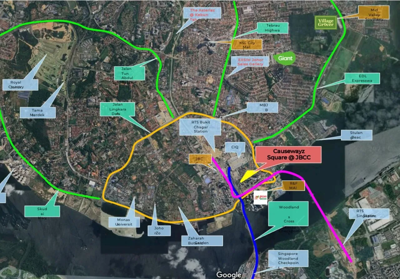 Satellite view of Exsim Causewayz Square CIQ project within Johor Bahru town, highlighting major roads and nearby malls.