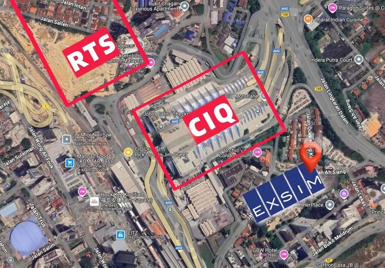 Close-up satellite map showing Causewayz Square location next to CIQ Johor checkpoint and RTS Bukit Chagar.