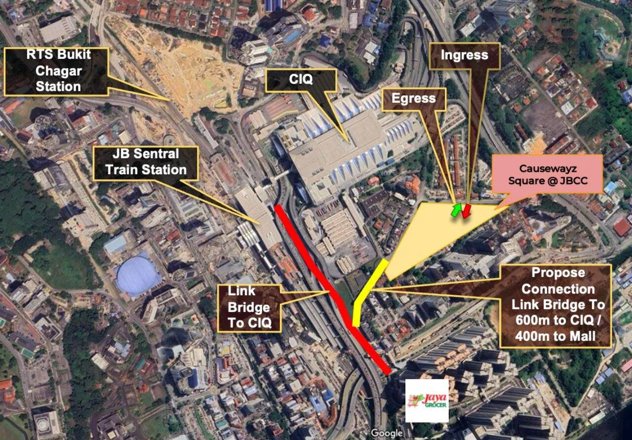 Aerial map showing Causewayz Square @ JBCC by Exsim near CIQ, RTS and JB Sentral station with proposed connection bridge to ciq.