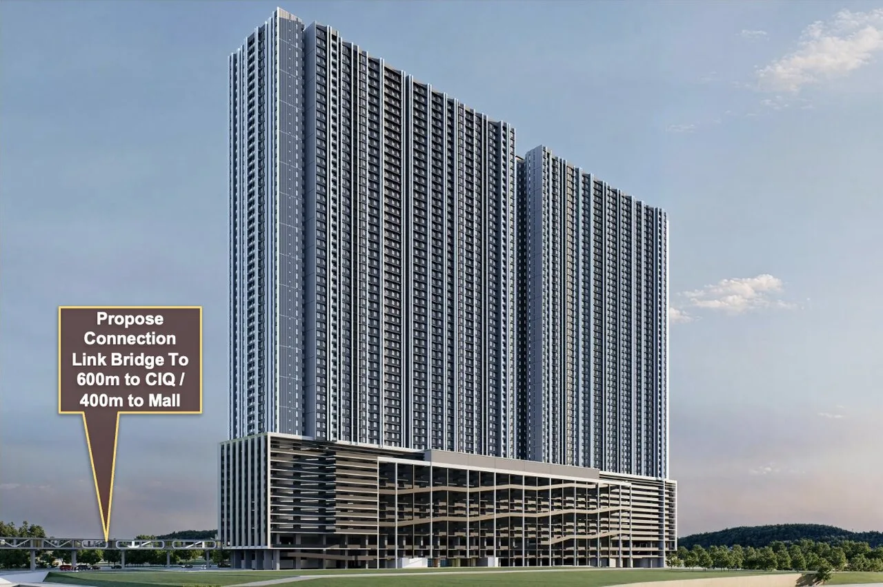 Causewayz Square high-rise design featuring Tower Brixton (Tower B) and Tower Dover (Tower D) with proposed link bridge to CIQ.