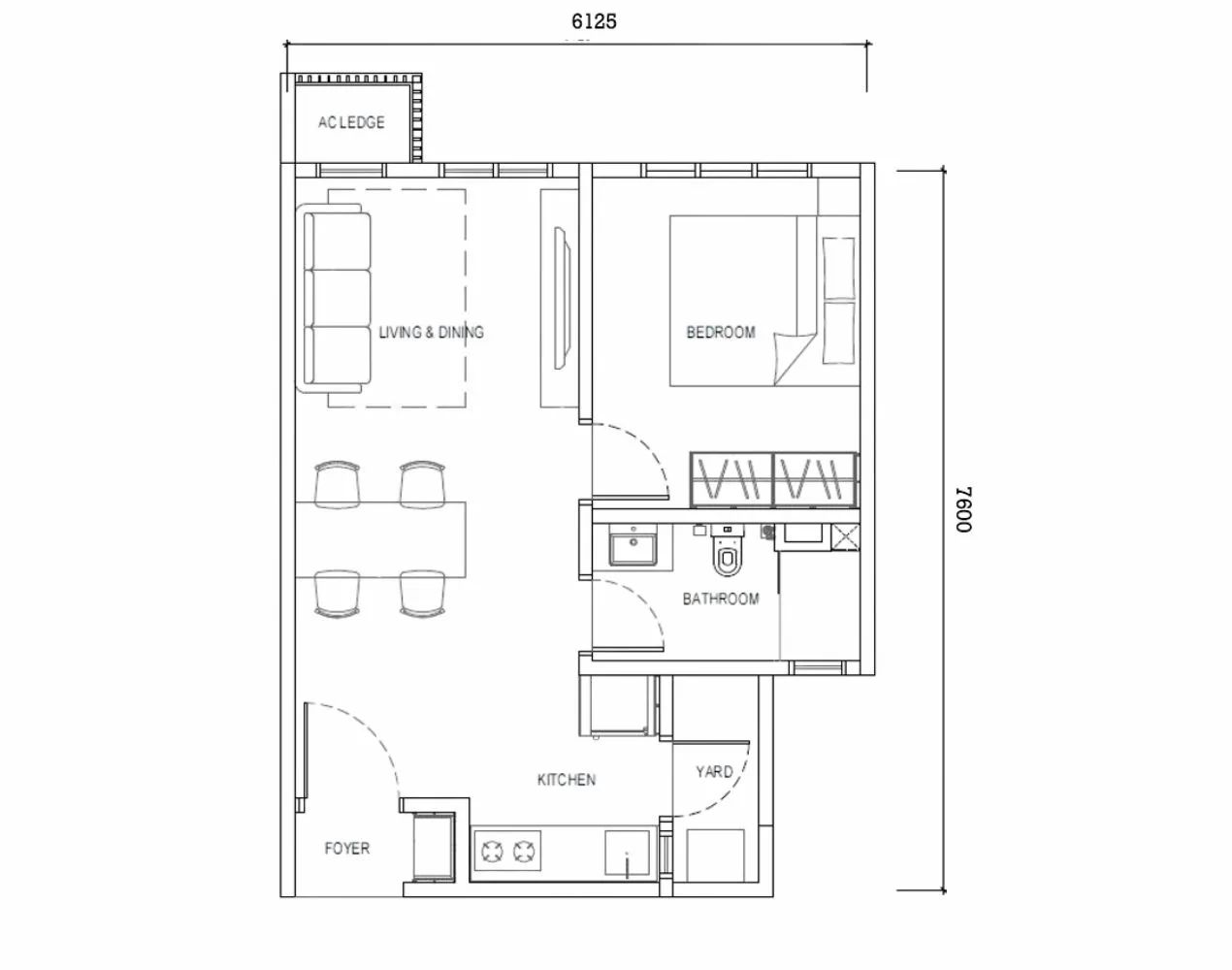 Type C 474 sq ft 1 rooms 1 bath unit layout plan at Causewayz Square @ JBCC by EXSIM, ideal for urban singles or young professionals.
