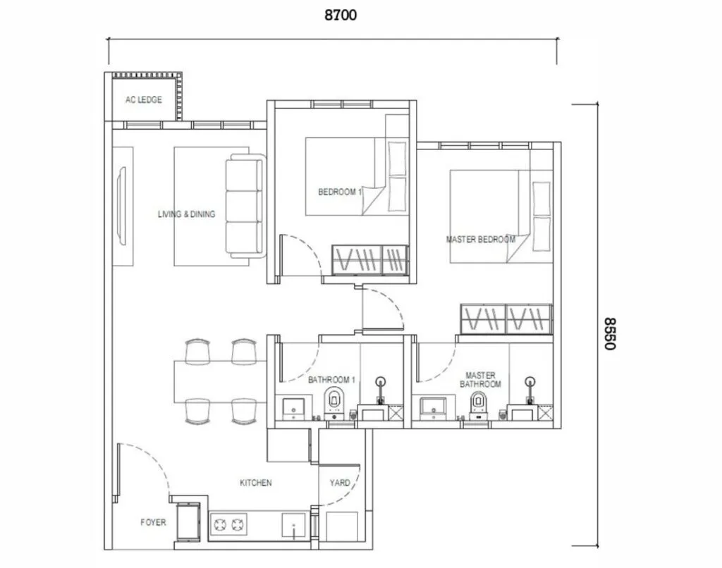 Type D 1, 667 sq ft 2-bedroom layout in EXSIM’s Causewayz Square @ JBCC, offering practical space and efficient flow.