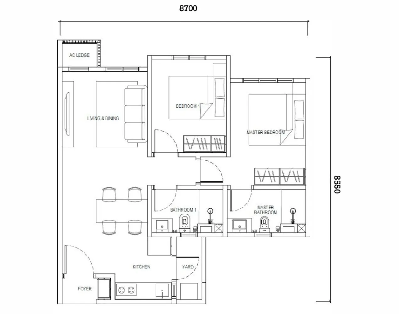 Type D 1, 667 sq ft 2-bedroom layout in EXSIM’s Causewayz Square @ JBCC, offering practical space and efficient flow.
