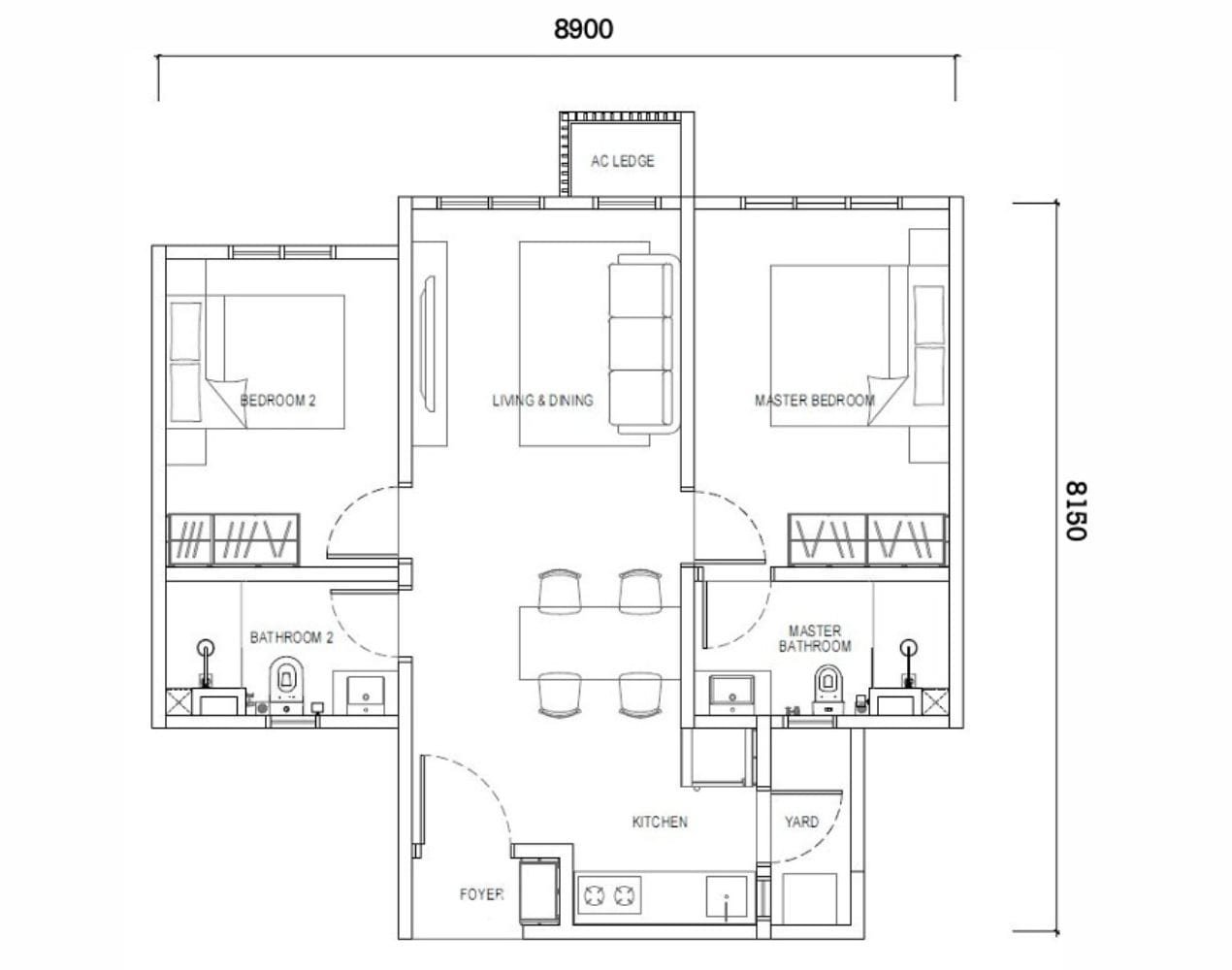 Alternative 2-bedroom layout Type D2 (667 sq ft) at Causewayz Square @ JBCC, featuring EXSIM’s space-maximizing design.