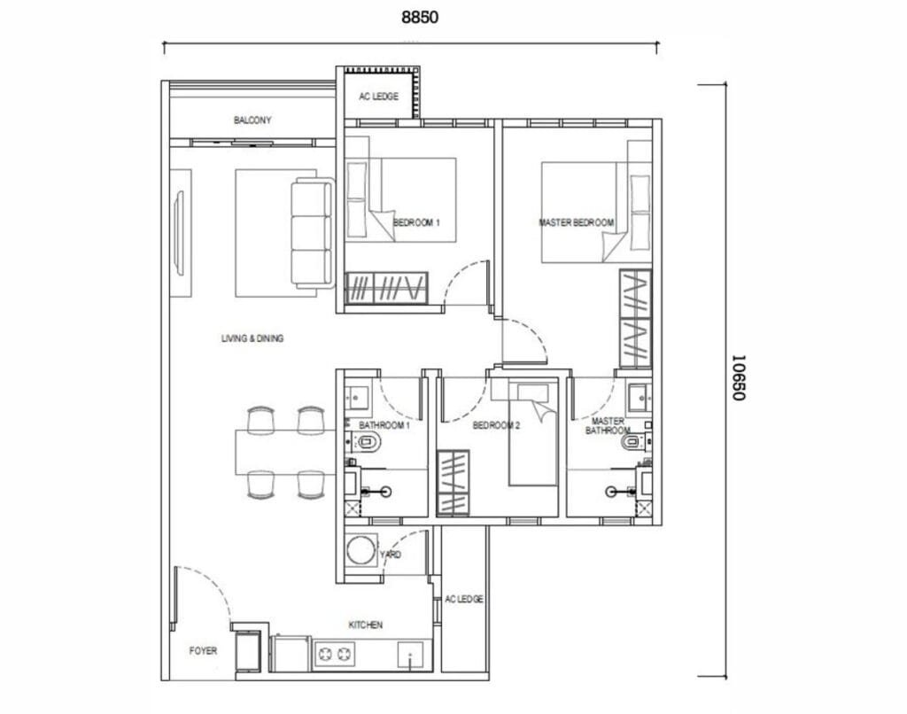 Type E1 layout (850 sq ft) at EXSIM’s Causewayz Square @ JBCC, featuring 3 bedrooms and with balcony for functional, family-oriented living.