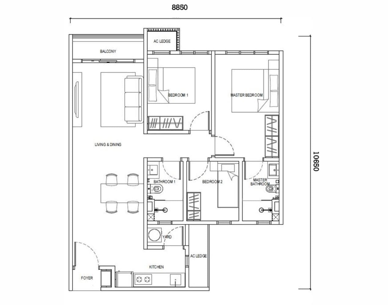 Type E1 layout (850 sq ft) at EXSIM’s Causewayz Square @ JBCC, featuring 3 bedrooms and with balcony for functional, family-oriented living.
