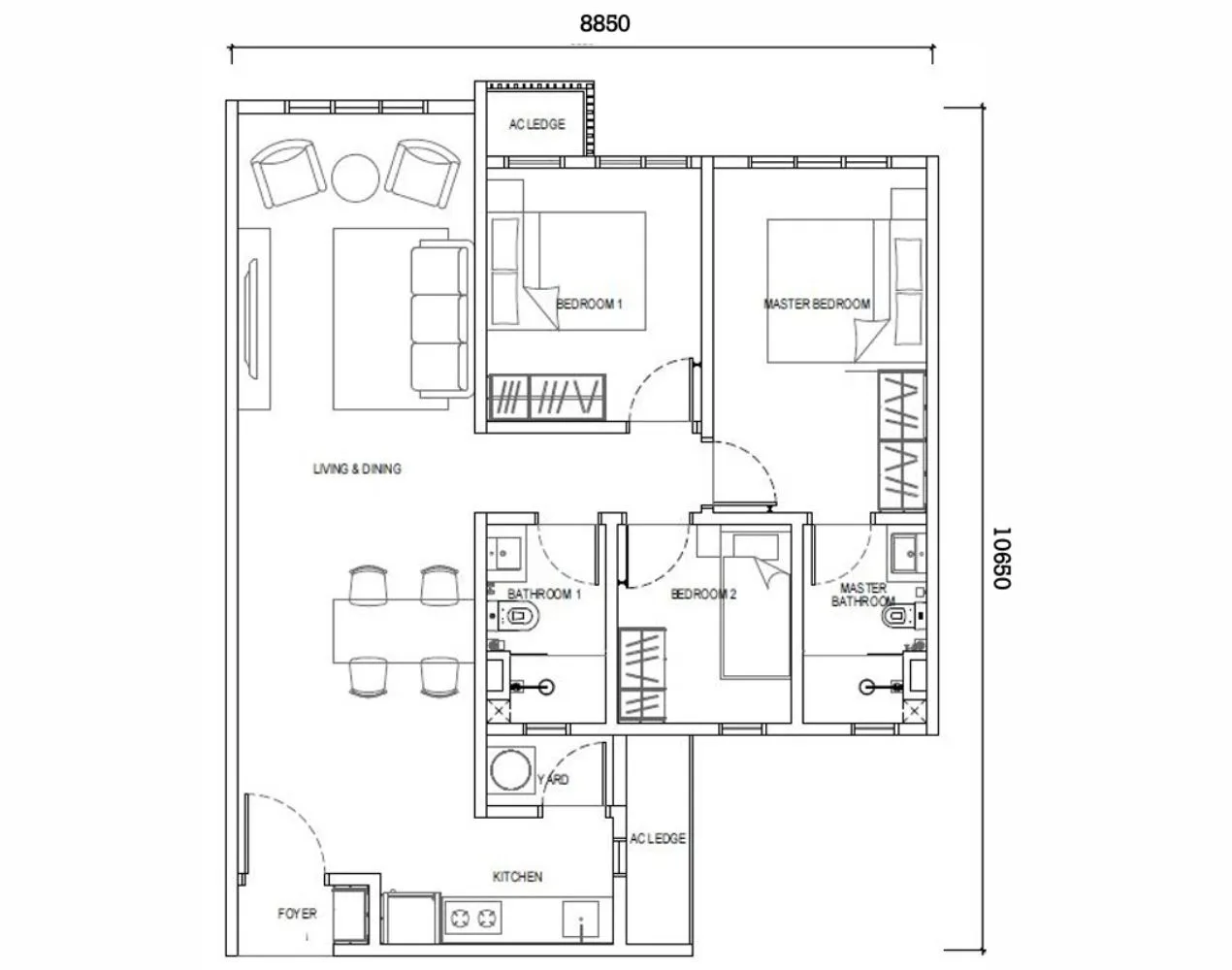 Type E2 floor plan in Causewayz Square @ JBCC by EXSIM, offering 3 bedrooms within 850 sq ft and without balcony, designed with a cozy indoor balcony lounge space.