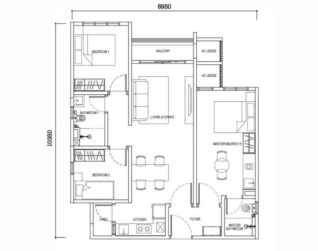 Type F1 dual key layout with balcony unit at EXSIM’s Causewayz Square @ JBCC – an 850 sq ft unit designed for multi-tenant flexibility, ideal for own stay and rental income.