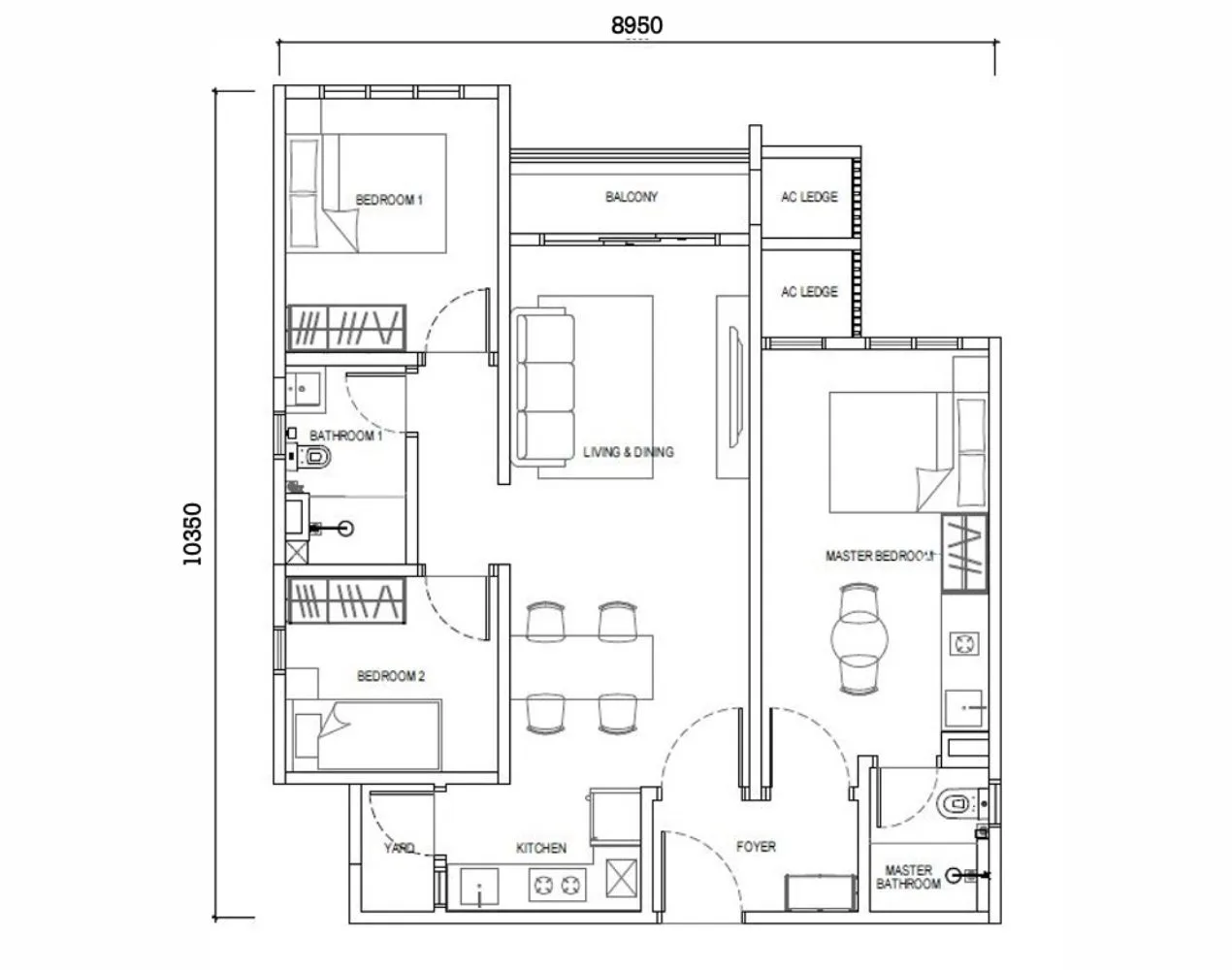 Type F1 dual key layout with balcony unit at EXSIM’s Causewayz Square @ JBCC – an 850 sq ft unit designed for multi-tenant flexibility, ideal for own stay and rental income.