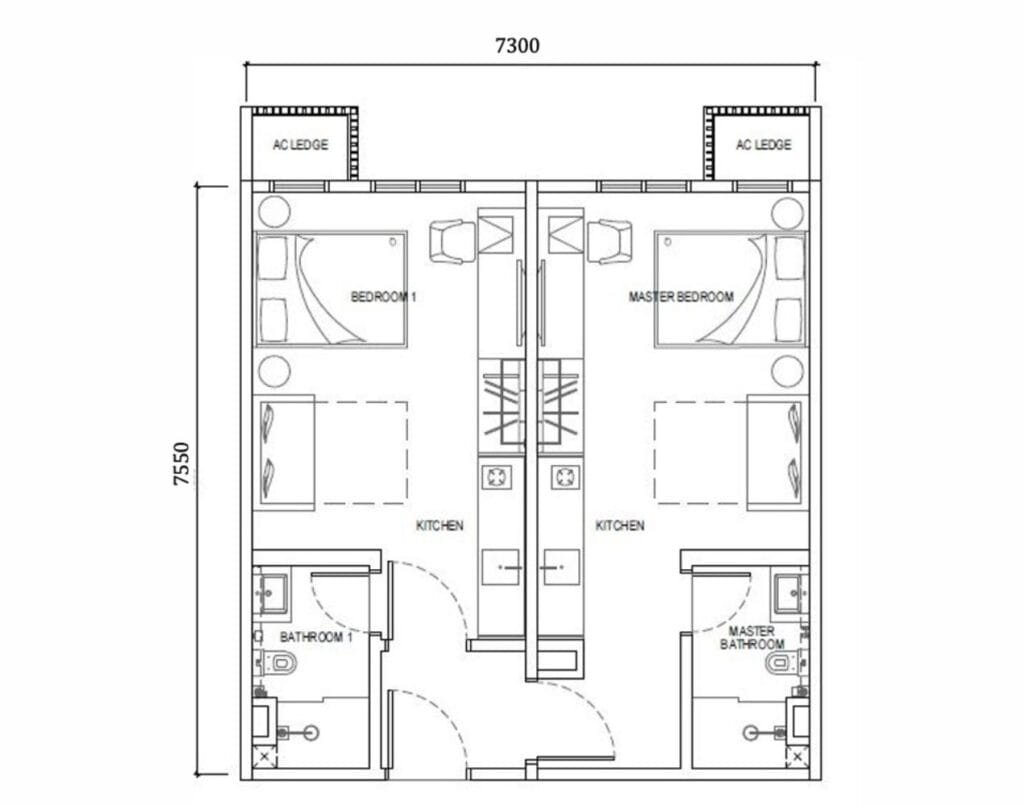 Dual-key 592 sqft Axis layout in Tower A of Causewayz Square @ JBCC by EXSIM CIQ, offering two separate suites with bathrooms and kitchenettes – perfect for rental income.