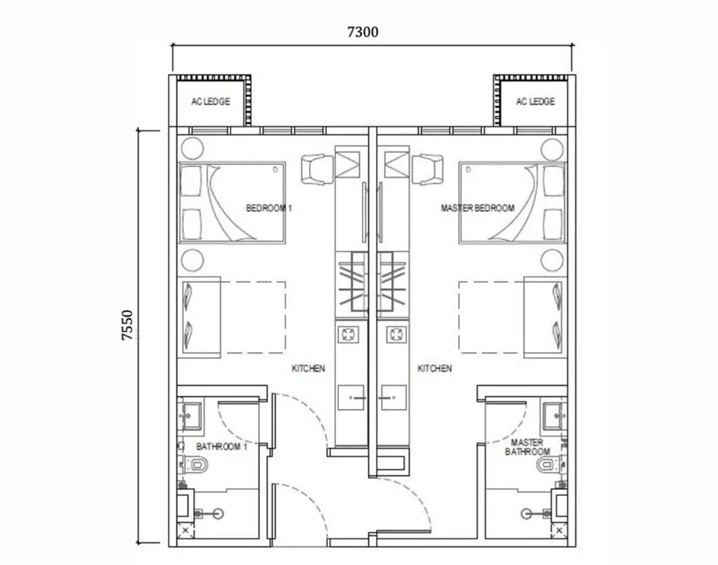 Dual-key 592 sqft Axis layout in Tower A of Causewayz Square @ JBCC by EXSIM CIQ, offering two separate suites with bathrooms and kitchenettes – perfect for rental income.