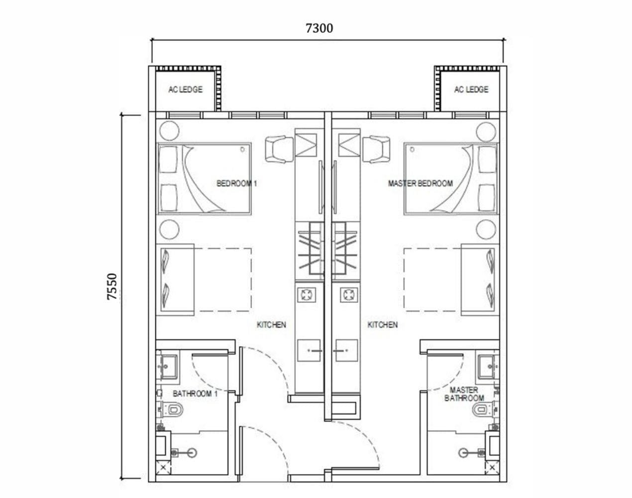 Dual-key 592 sqft Axis layout in Tower A of Causewayz Square @ JBCC by EXSIM CIQ, offering two separate suites with bathrooms and kitchenettes – perfect for rental income.