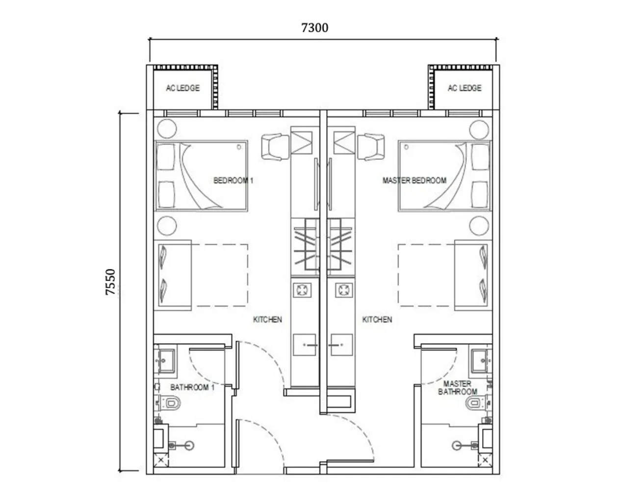 Dual-key 592 sqft Axis layout in Tower A of Causewayz Square @ JBCC by EXSIM CIQ, offering two separate suites with bathrooms and kitchenettes – perfect for rental income.